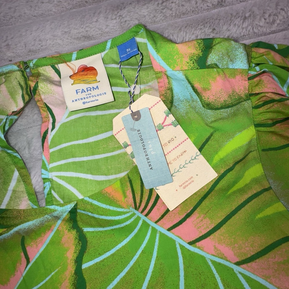 NWT FARM RIO 3XL Anthropologie Puff-Sleeve Mini Dress Lime Green Floral Ruffle - Picture 6 of 11